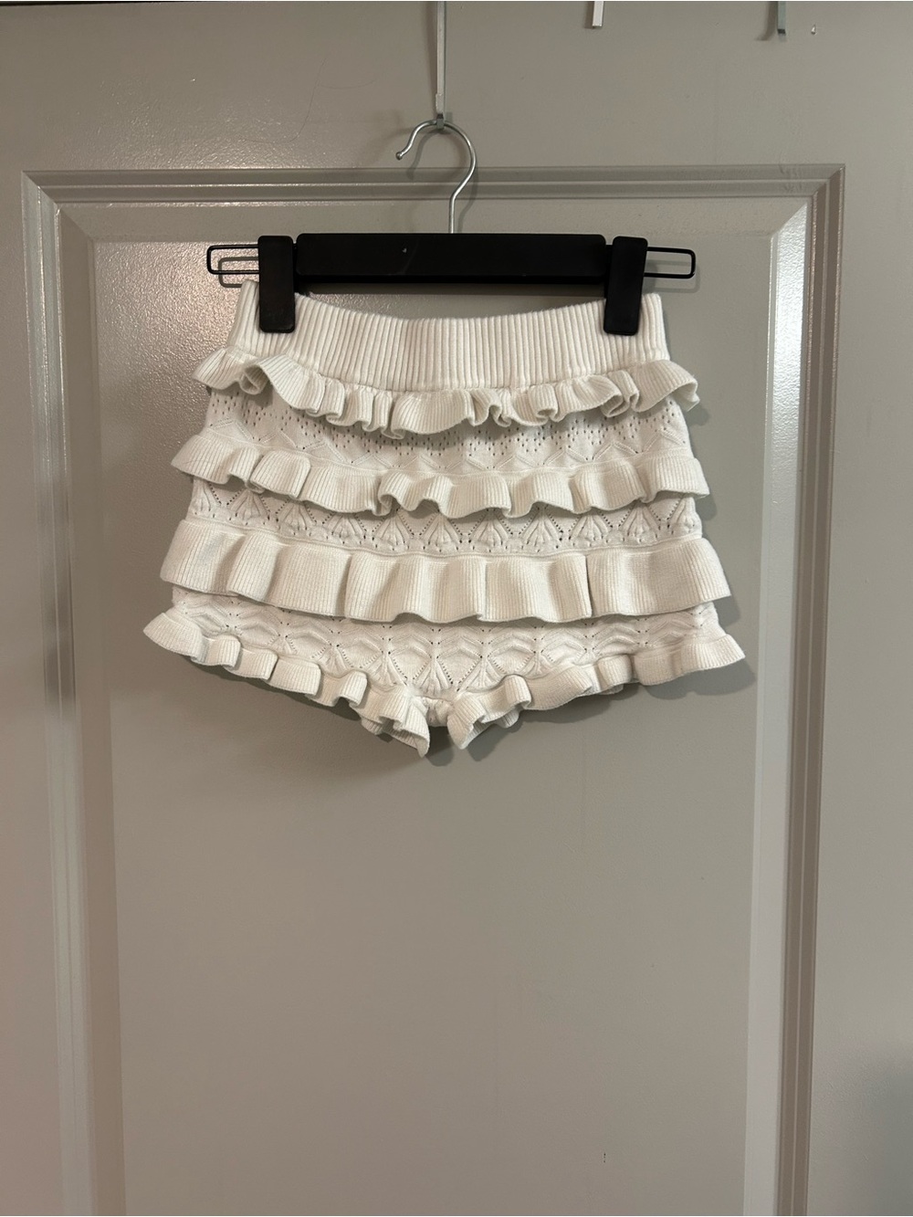 Edikted White Babydoll Tiered Ruffle Knit Shorts